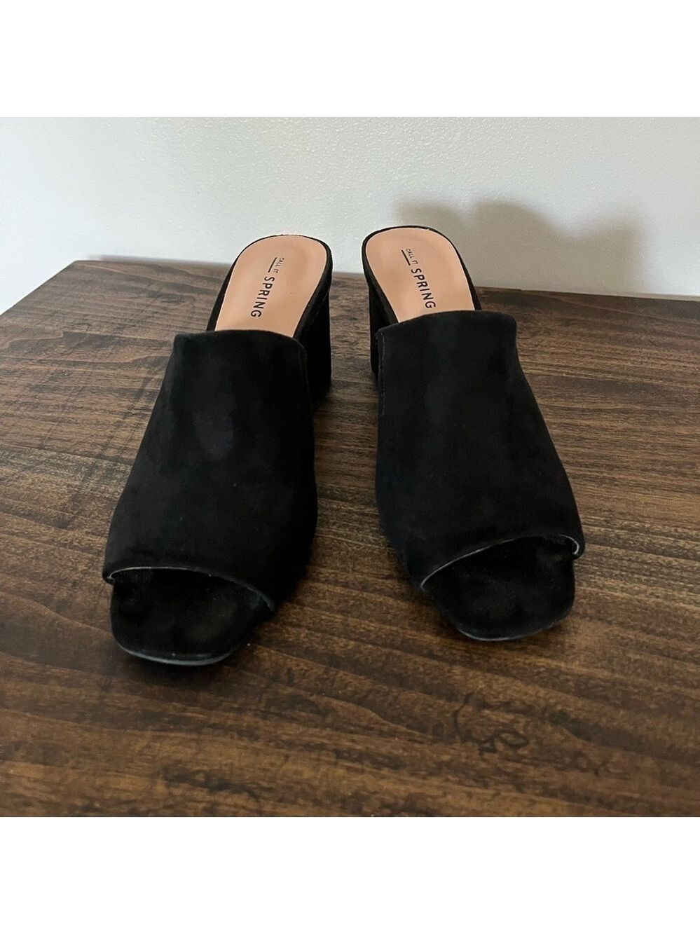 Call It Spring, Black Faux Suede Mules, Size 6.